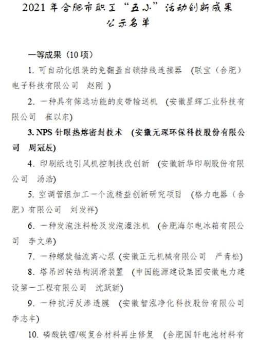 合肥市職工“五小”活動創(chuàng)新成果評選結(jié)果公示，元琛科技兩項成果入選！